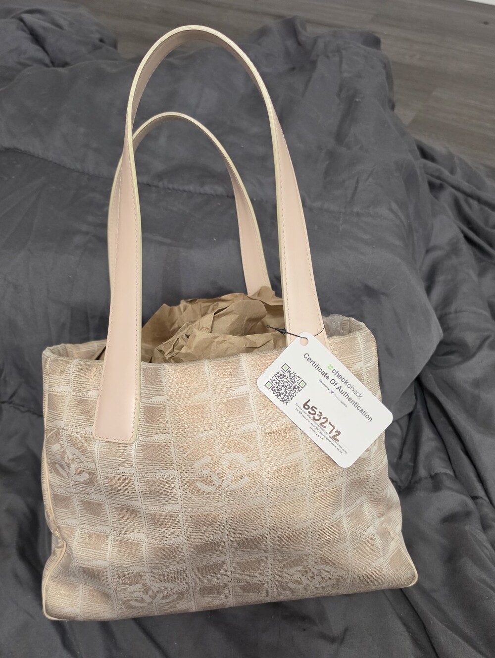 CHANEL Beige Shoulder Tote with Pale Pink Straps